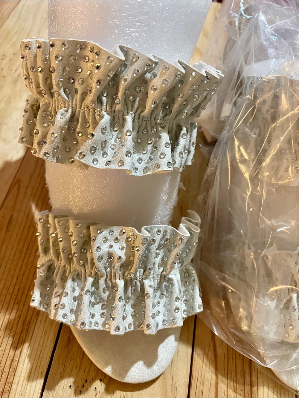 Ruffled Rhinestone Block Heel Slide - Ivory - Picture 6 of 12
